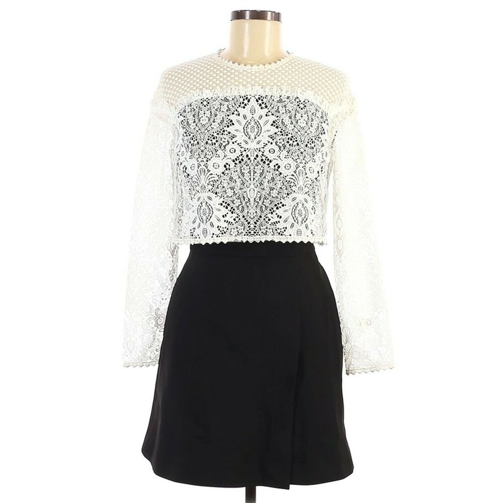 MAJE Relim Optic Illusion long sleeve lace crewneck dress black ivory Sz 2 M NEW